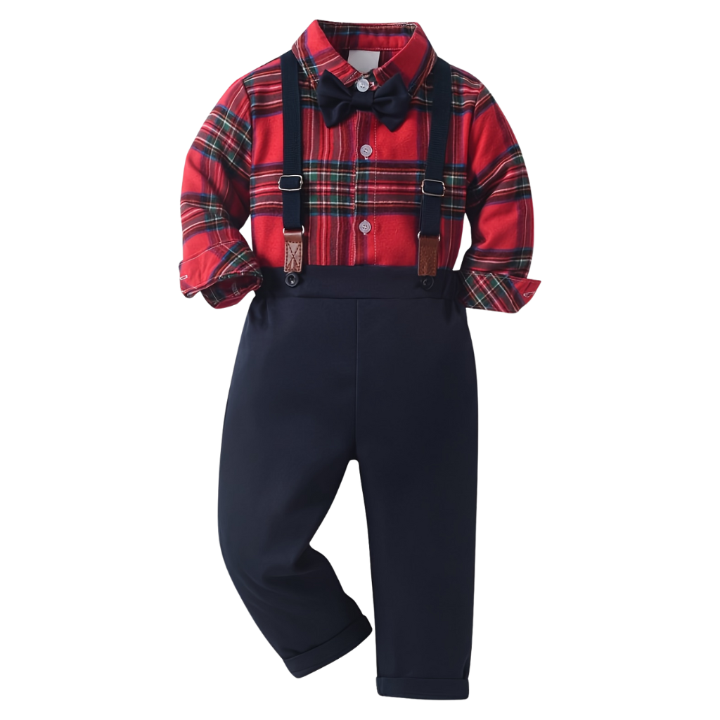 Plaid Shirt Overall Set With Bow