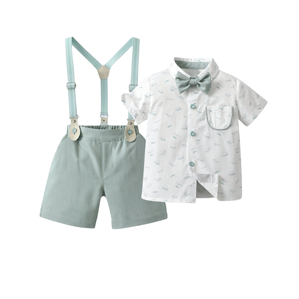 Two Piece Suit Set With Short Sleeve Shirt Bow Tie And Suspender Shorts For Boys