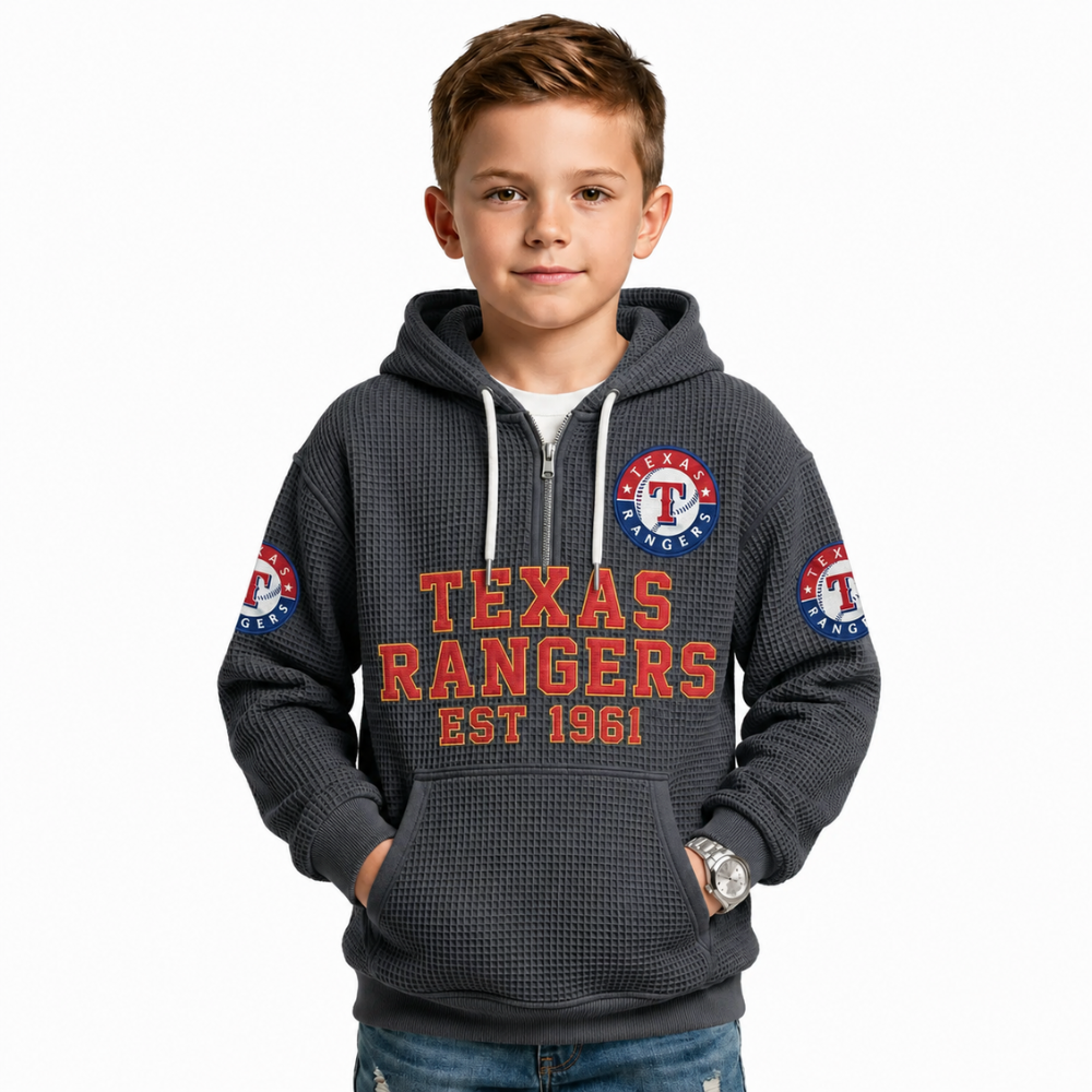 Texas Rangers EST 1961 Printed Waffle Quarter Zip Baseball Fan Hoodie For Kids