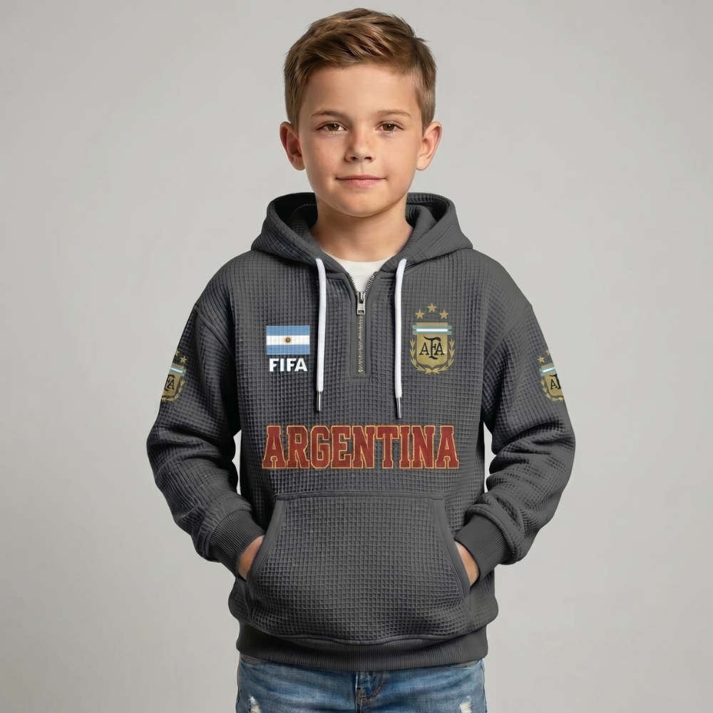 FIFA 2026 Argentina Printed Waffle Quarter Zip Football Fan Hoodie For Kids