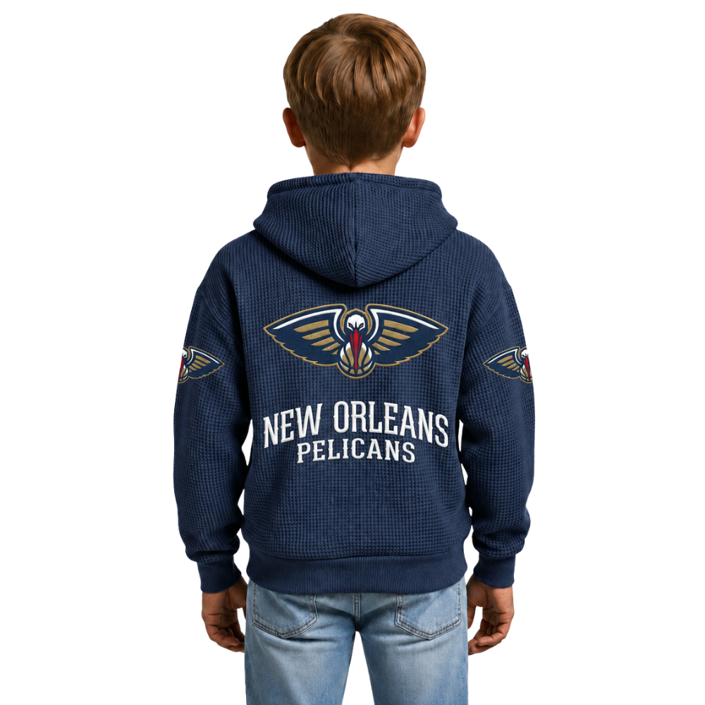 New Orleans Pelicans EST 2002 Printed Waffle Quarter Zip Basketball Fan Hoodie For Kids