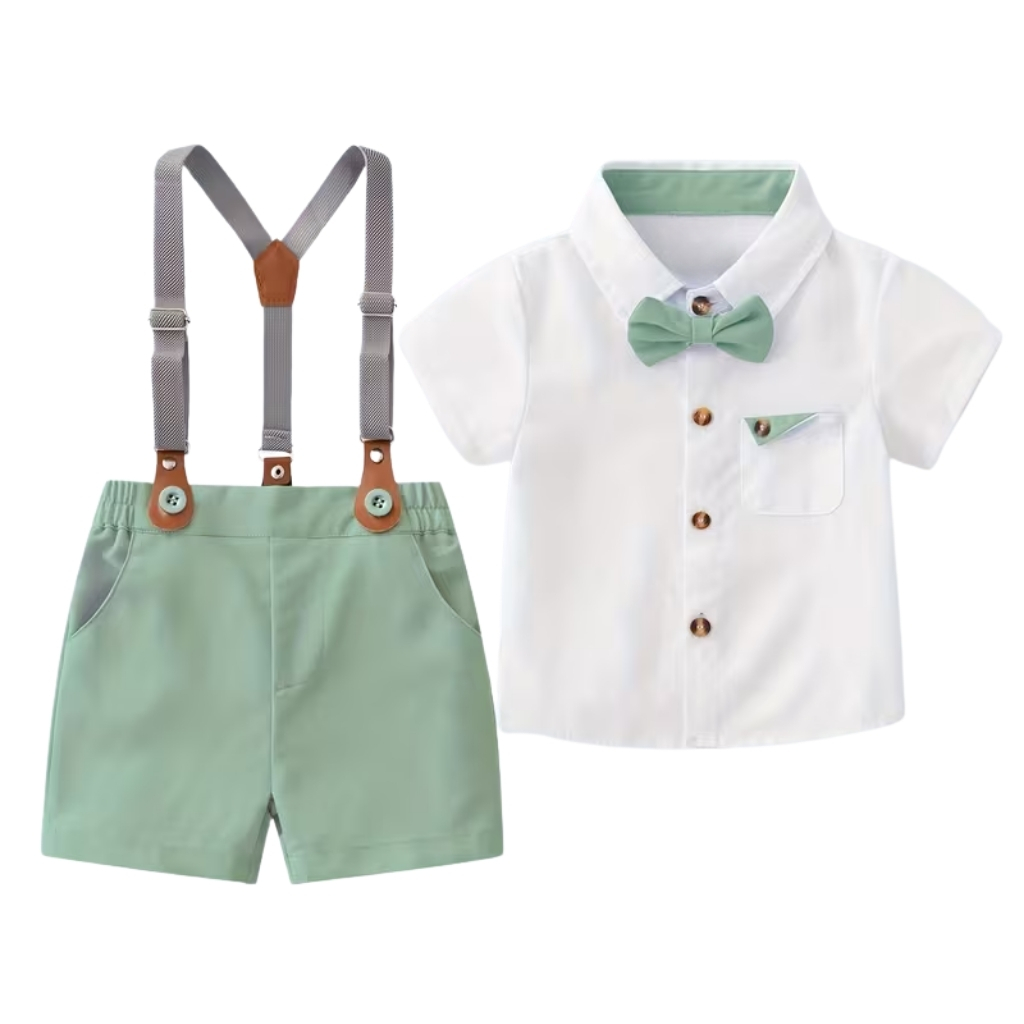 2 Piece Of Gentleman Outfit With Bow Tie Shirt And Suspender Shorts Set For Boys