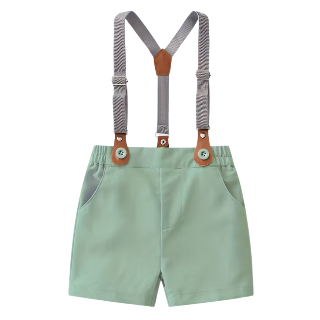 2 Piece Of Gentleman Outfit With Bow Tie Shirt And Suspender Shorts Set For Boys