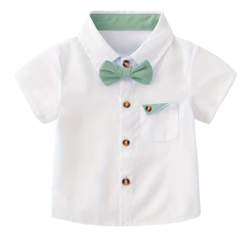 2 Piece Of Gentleman Outfit With Bow Tie Shirt And Suspender Shorts Set For Boys