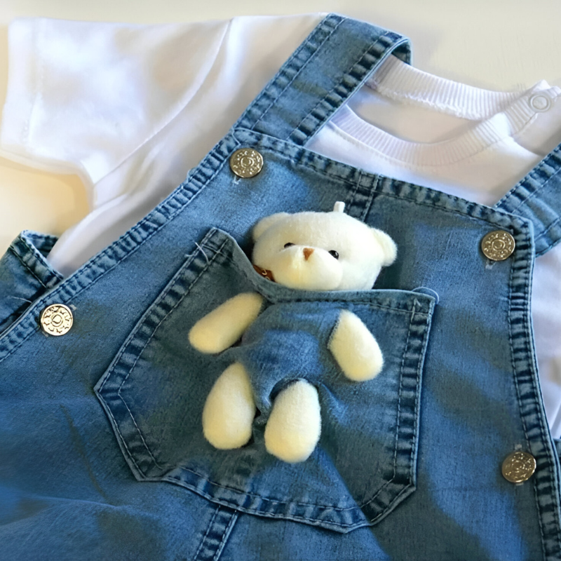 Denim Overall With Plush Bear Jumpsuit For Baby-Cozy Stroller