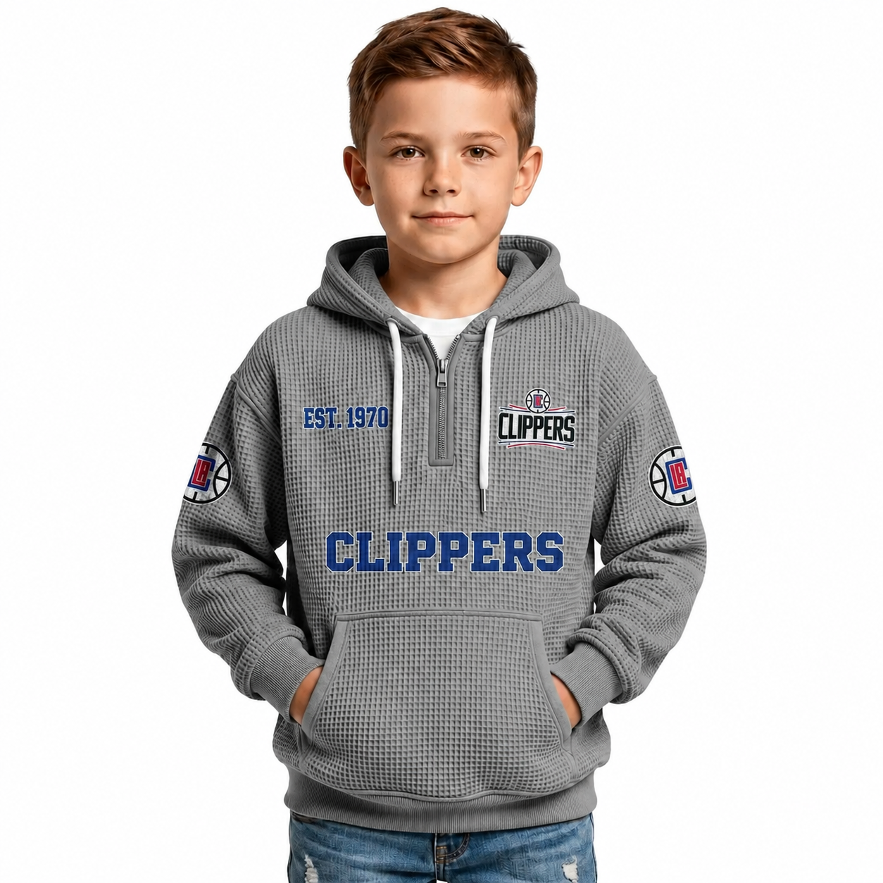 LA Clippers EST 1970 Printed Waffle Quarter Zip Basketball Fan Hoodie For Kids