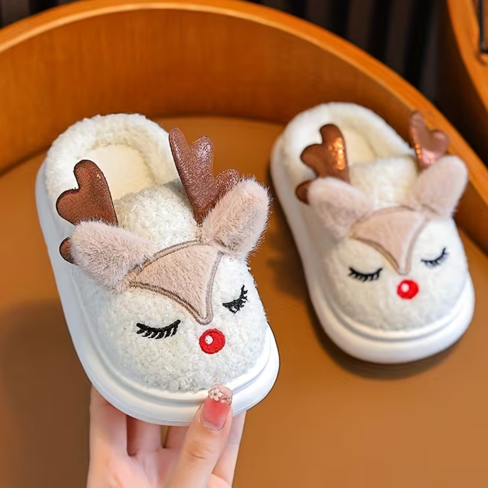 Reindeer Plush Slip On Slippers For Kids With Cozy Winter Design