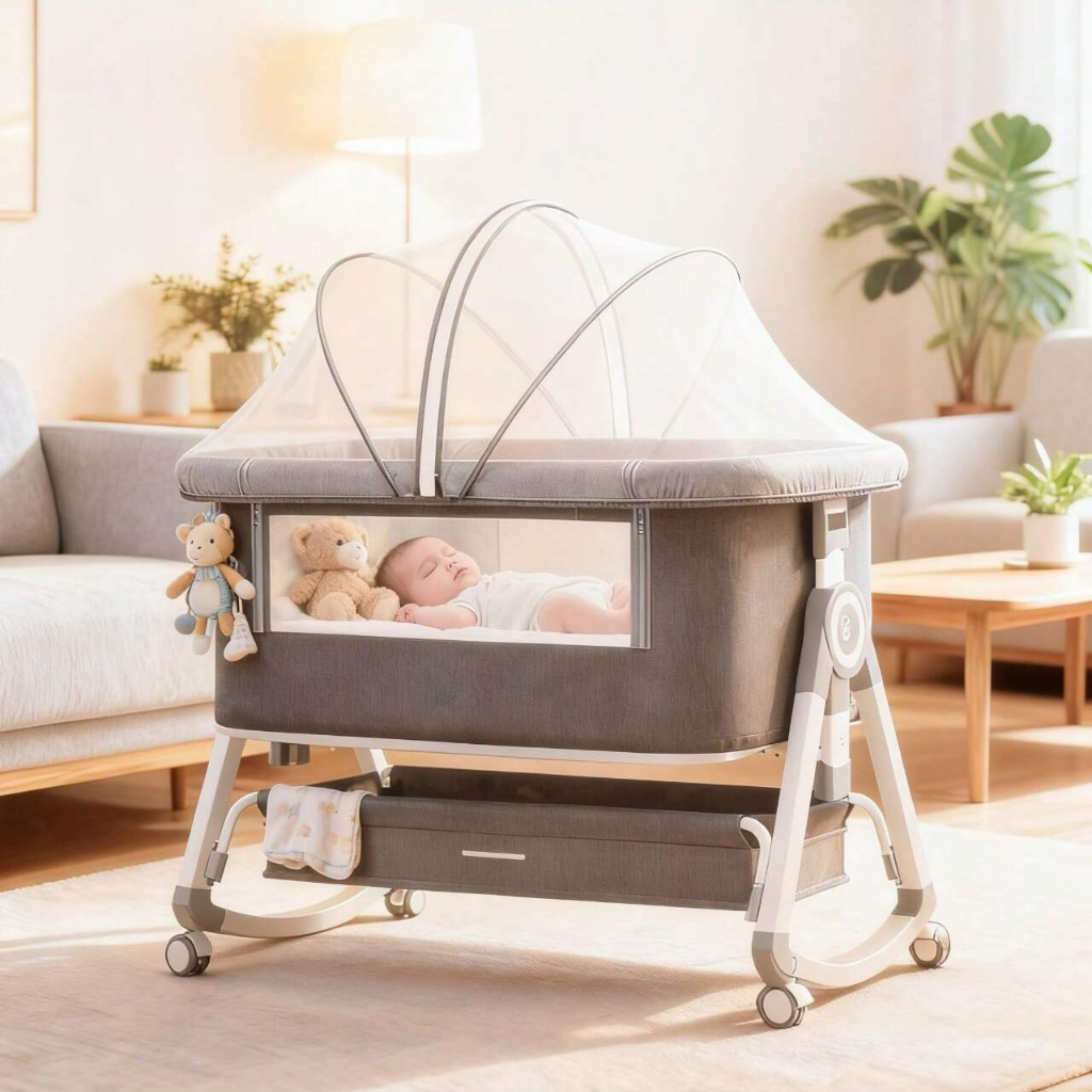4 In 1 Baby Bassinet Bedside Sleeper With Functional Adjustable Height Crib