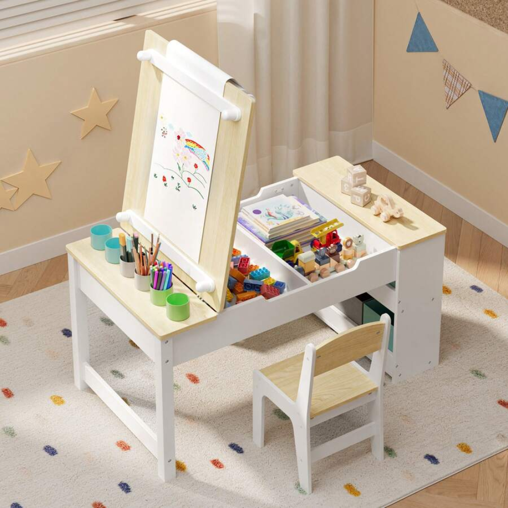 Multipurpose Kids Play Table And Chair Set With Built In Storage Shelves