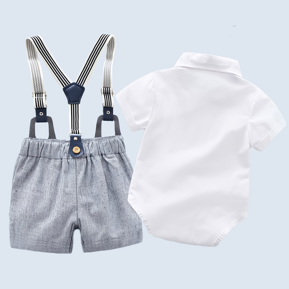 Formal Style Shirt With Bow Tie And Suspenders Shorts Set