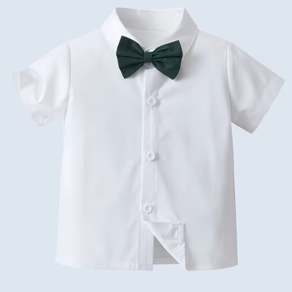 Formal Outfit Set With Short Sleeve Shirt Bowtie And Suspender Shorts