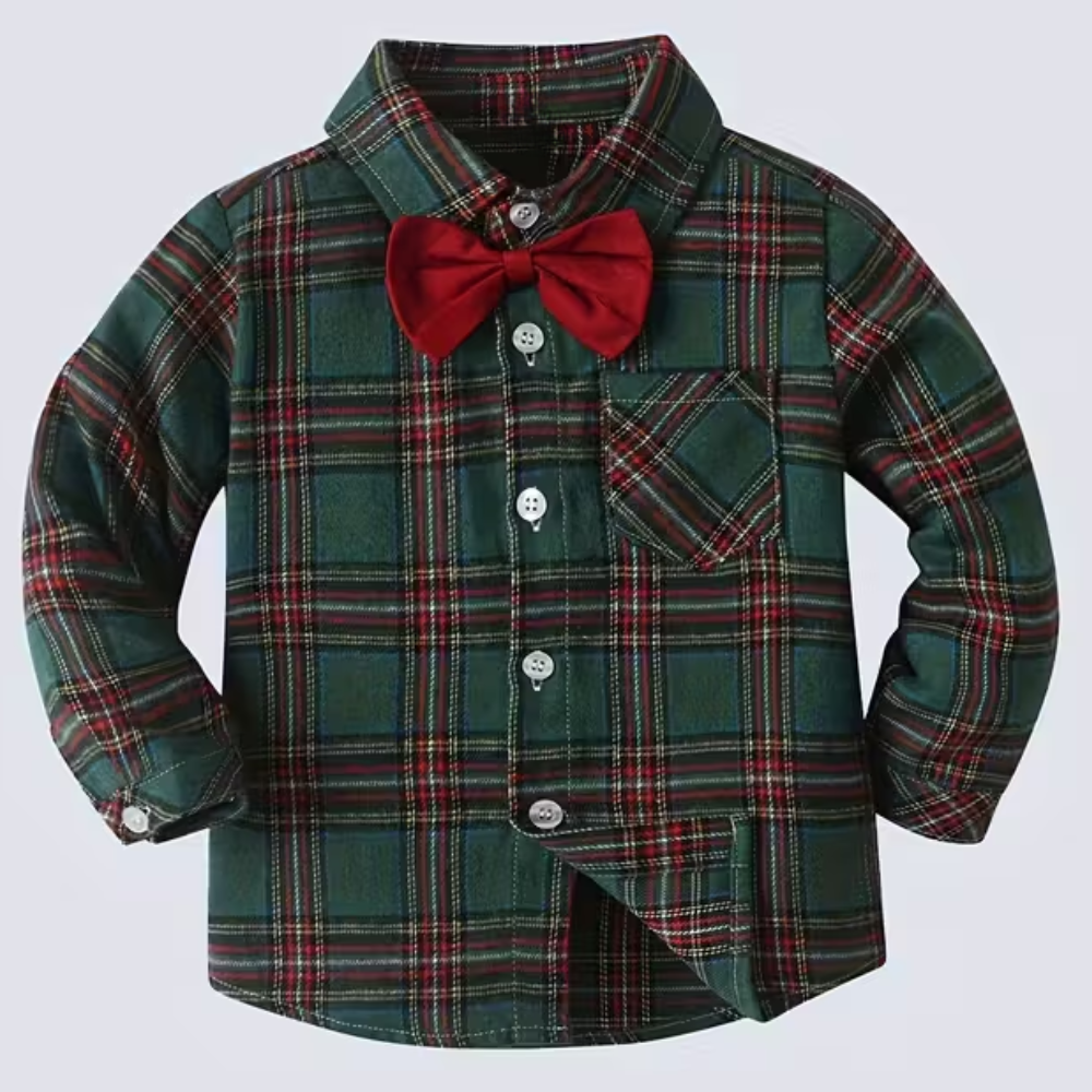 Plaid Shirt With Bow Tie And Suspender Pants 2 Piece Set For Baby Boys