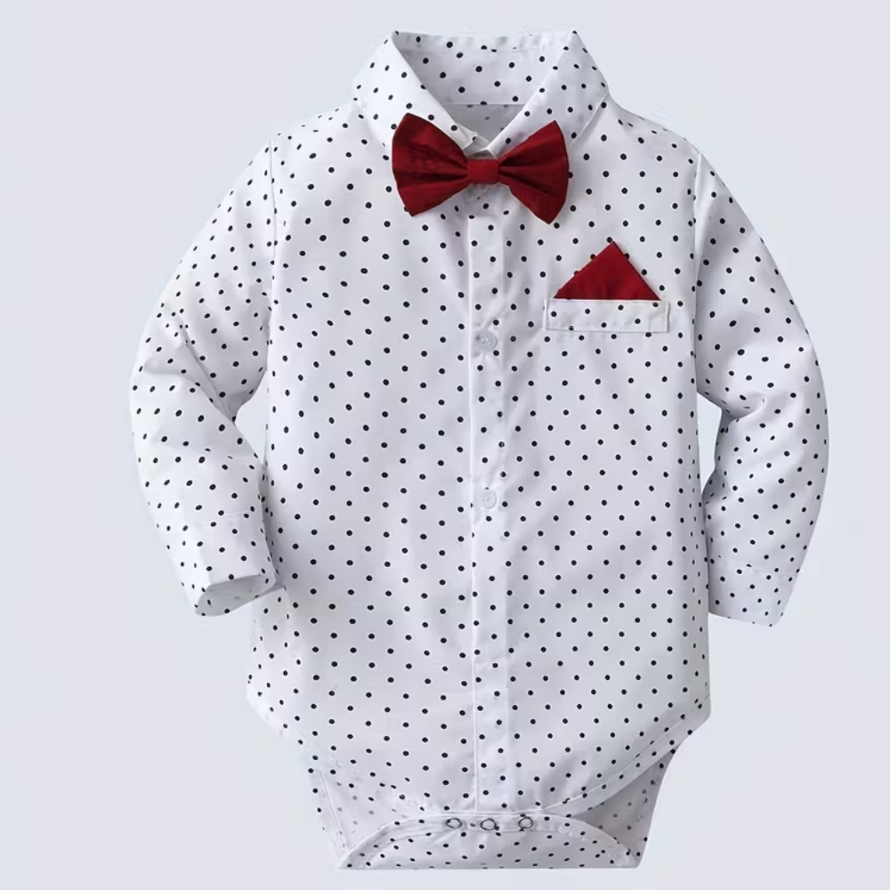 2 Piece Of Gentleman Outfit With Bow Tie Shirt And Suspender Pants Set For Boys