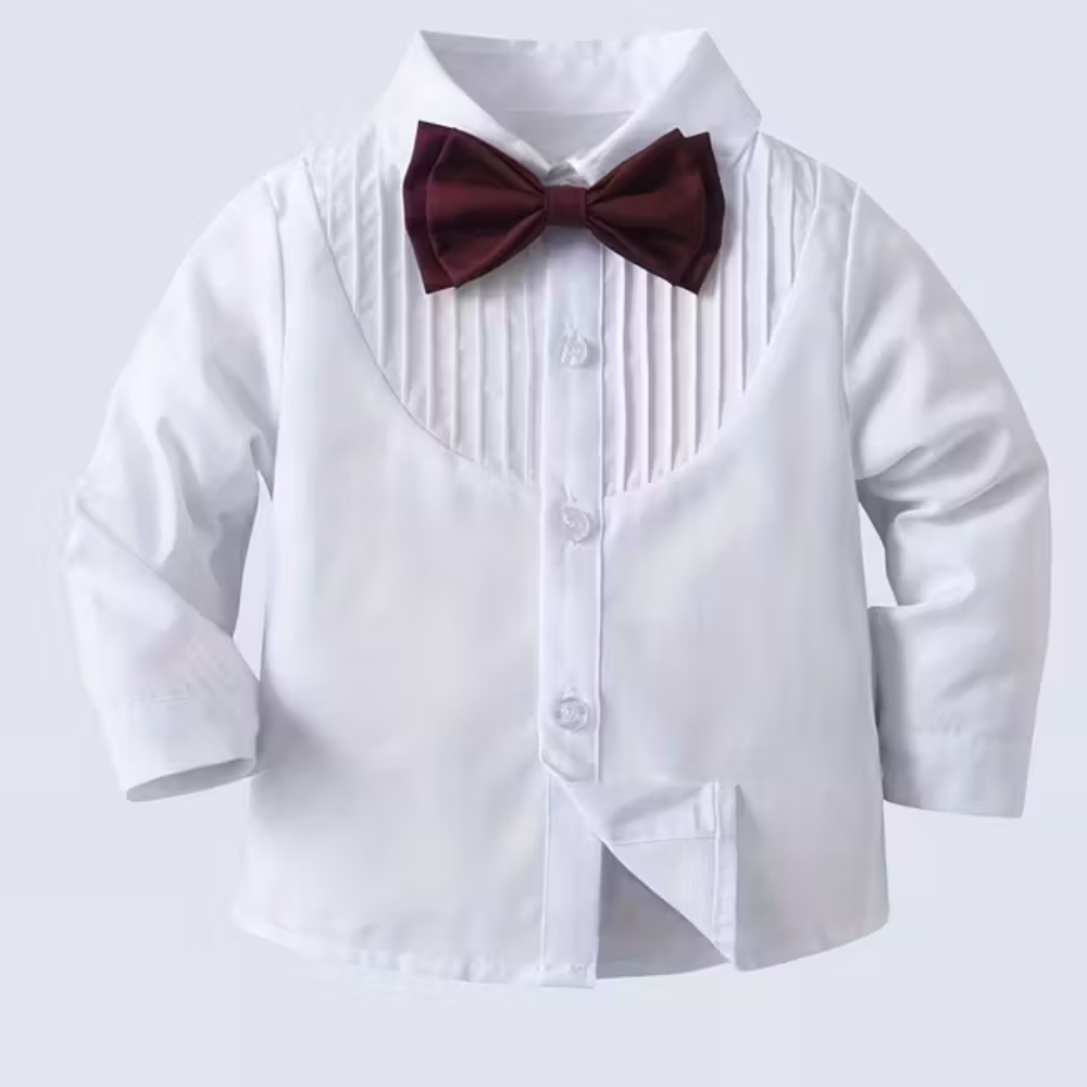 2 Piece Of Formal Outfit With Bow Tie Shirt And Suspender Pants Set For Baby Boys