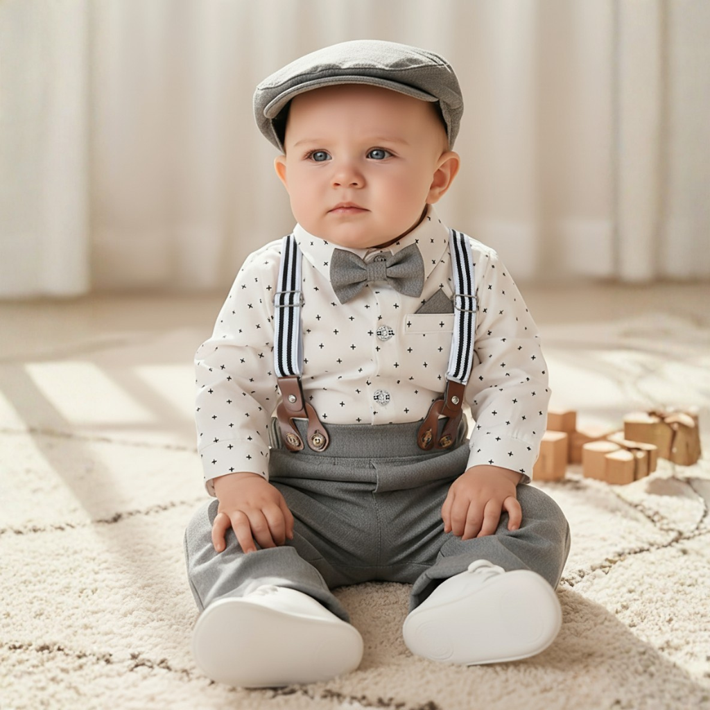 3 Piece Formal Suit With Bow Tie And Hat For Boys