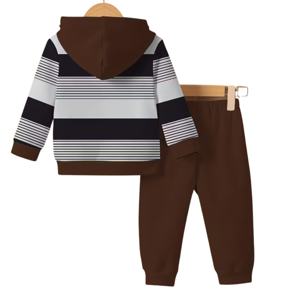 Striped Hoodie And Pants Set With Bear Design For Boys