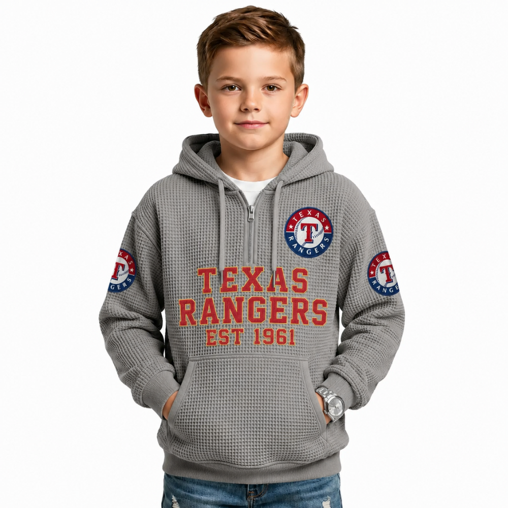 Texas Rangers EST 1961 Printed Waffle Quarter Zip Baseball Fan Hoodie For Kids