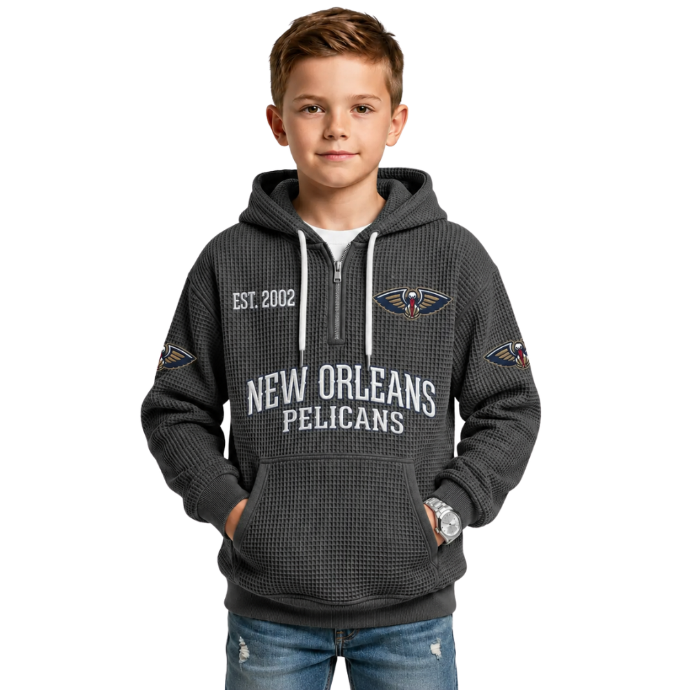 New Orleans Pelicans EST 2002 Printed Waffle Quarter Zip Basketball Fan Hoodie For Kids