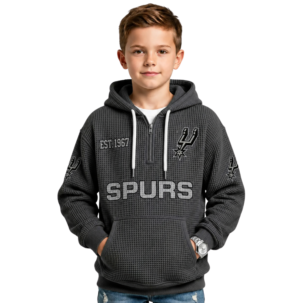 San Antonio Spurs EST 1967 Printed Waffle Quarter Zip Basketball Fan Hoodie For Kids
