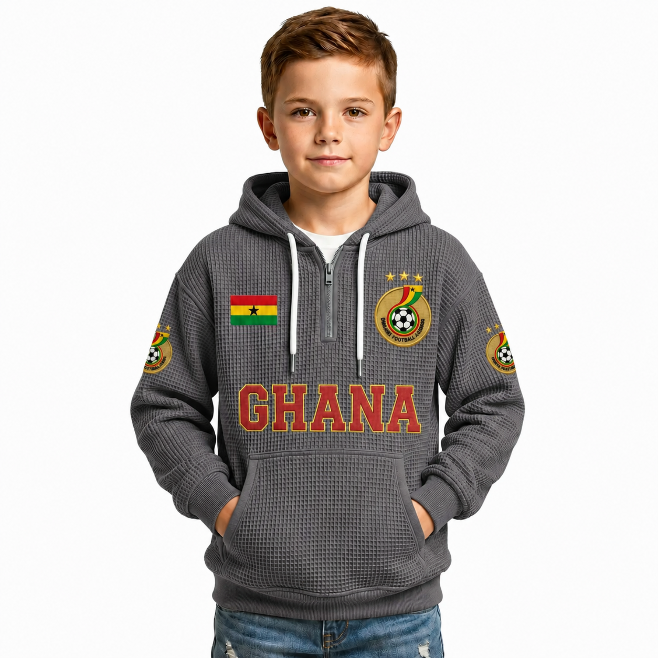 Ghana Printed Waffle Quarter Zip Football Fan Hoodie For Kids
