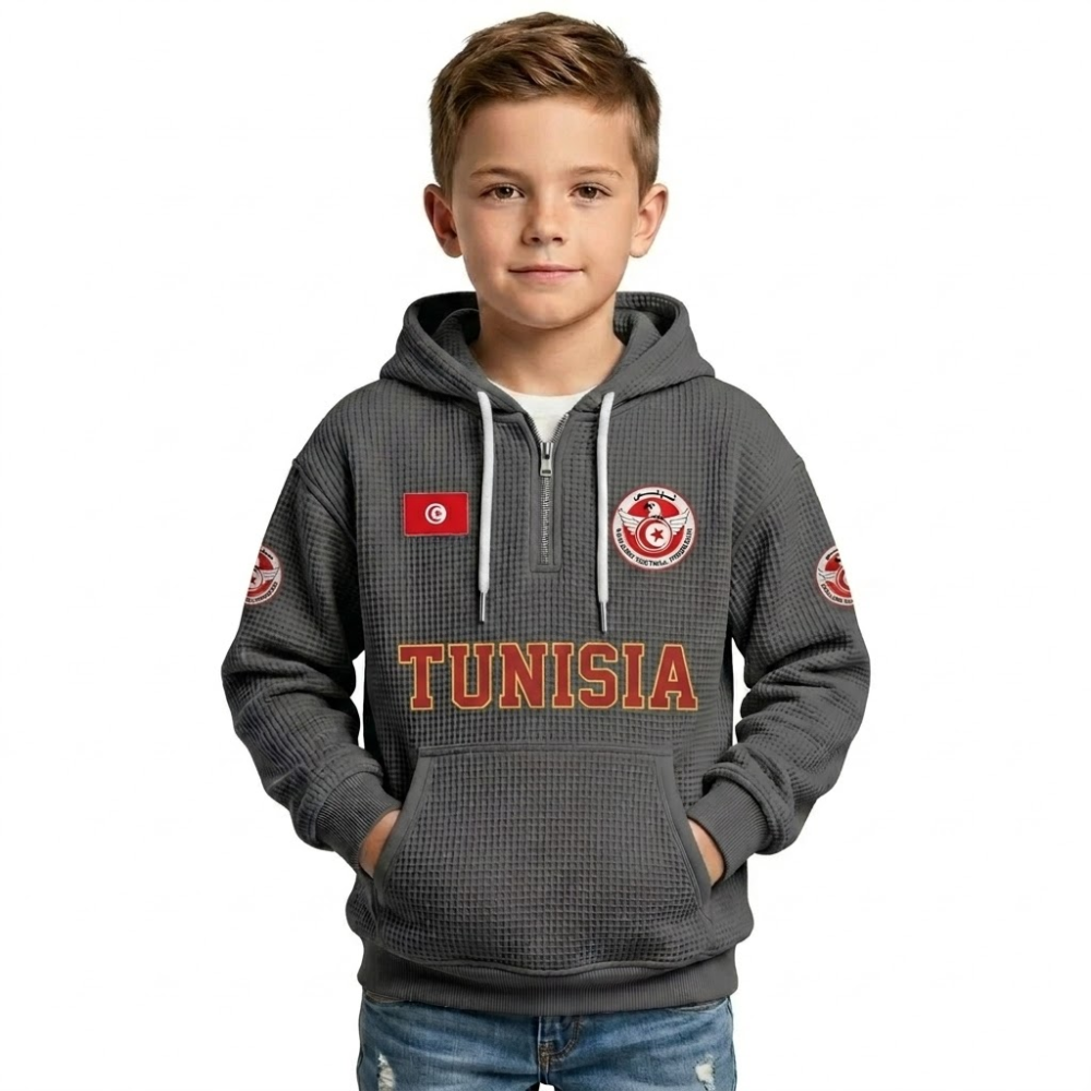 Tunisia Printed Waffle Quarter Zip Football Fan Hoodie For Kids