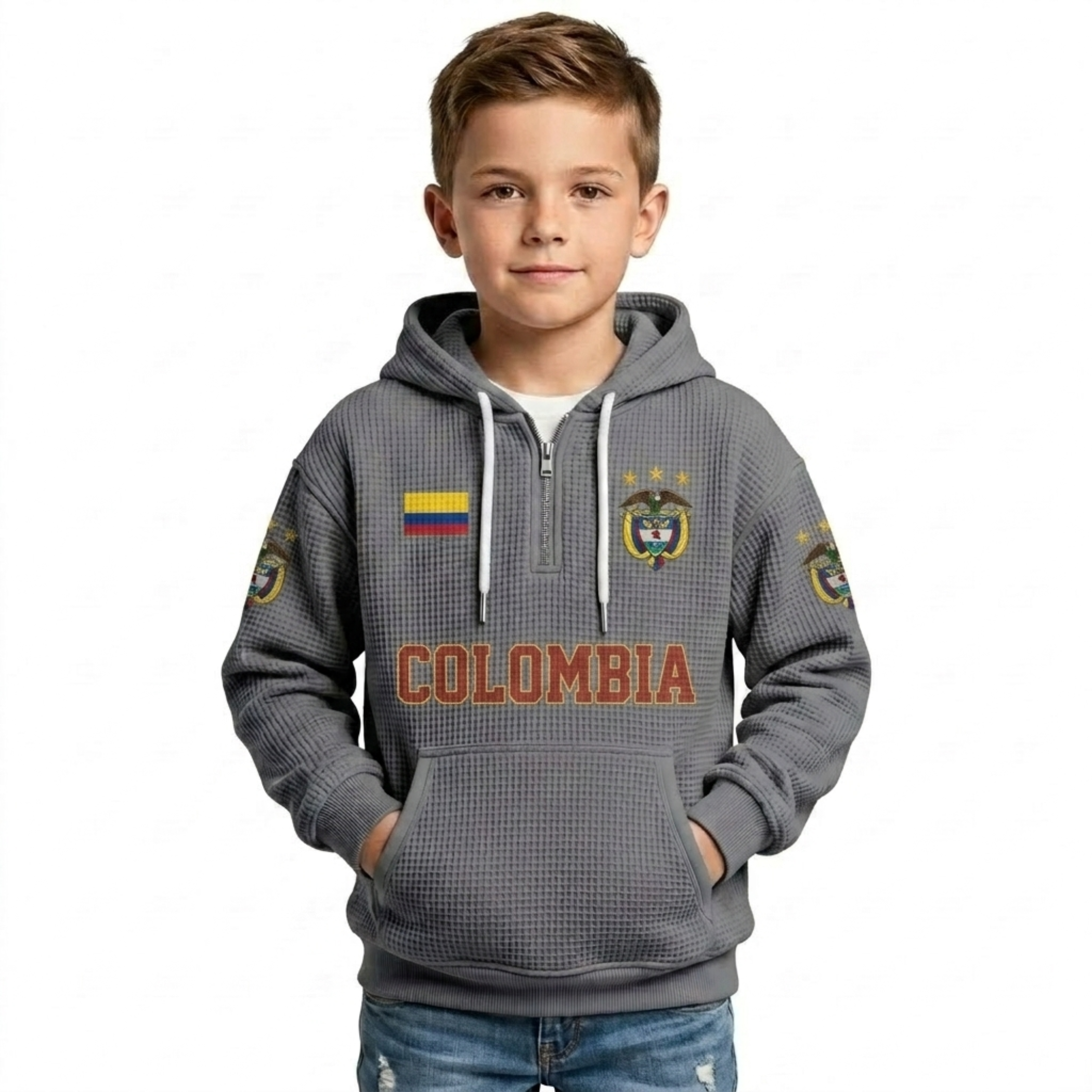 Colombia Printed Waffle Quarter Zip Football Fan Hoodie For Kids