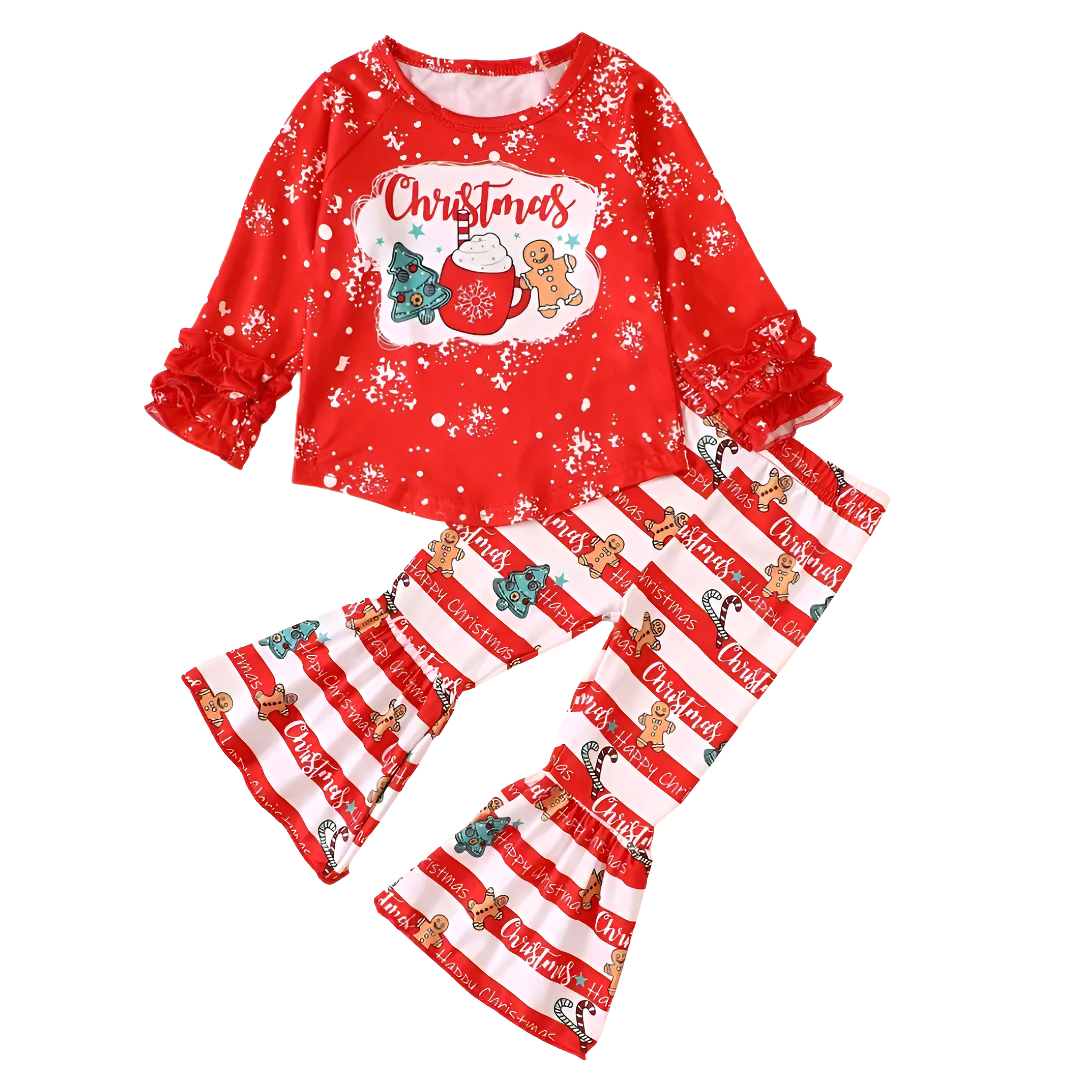 Girls Christmas Style Long Sleeve Top And Flared Pants Set