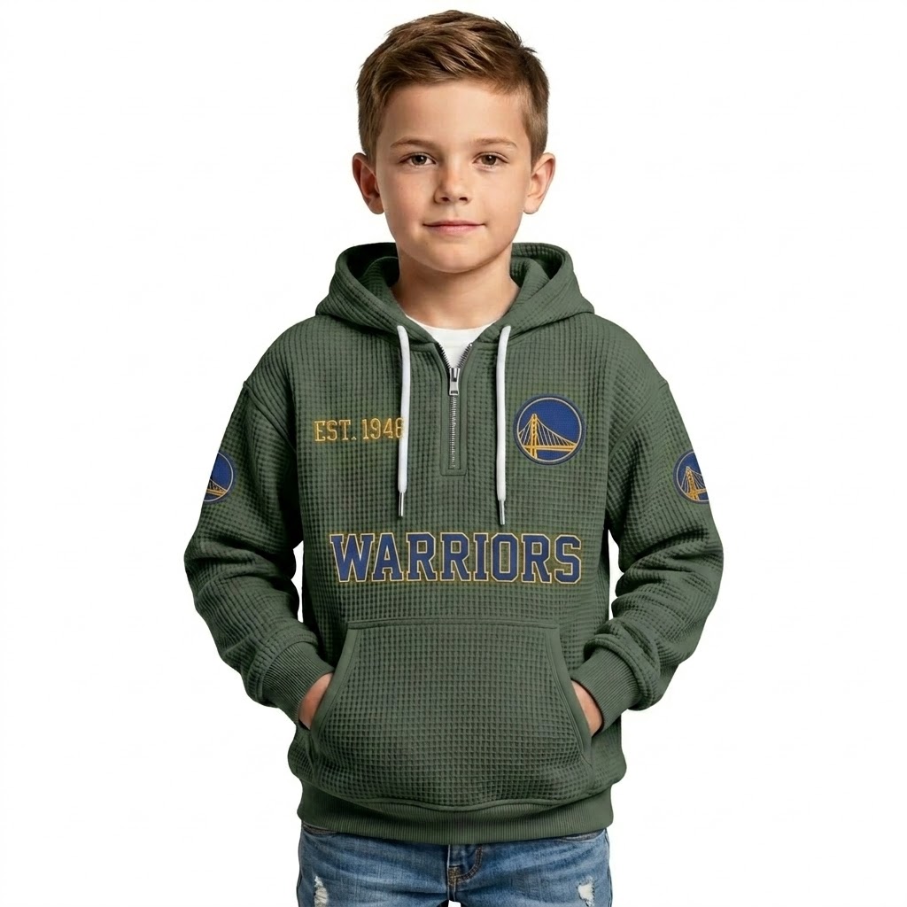 Golden State Warriors EST 1946 Printed Waffle Quarter Zip Basketball Fan Hoodie For Kids