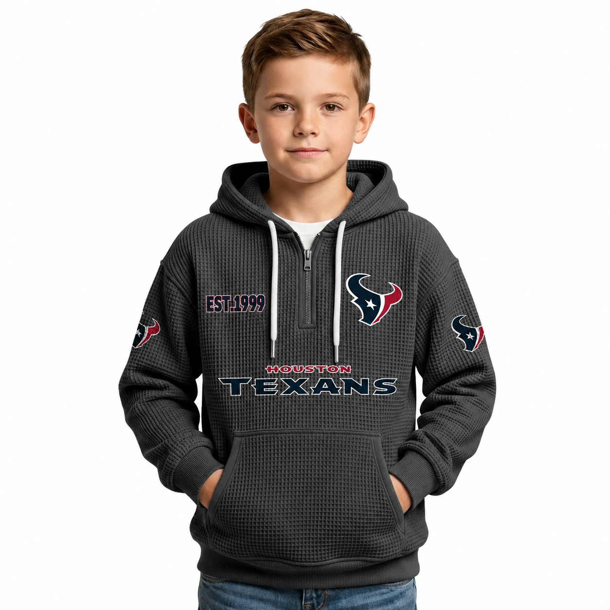 Houston Texans Football Themed Quarter Zip Waffle Hoodie For Kids