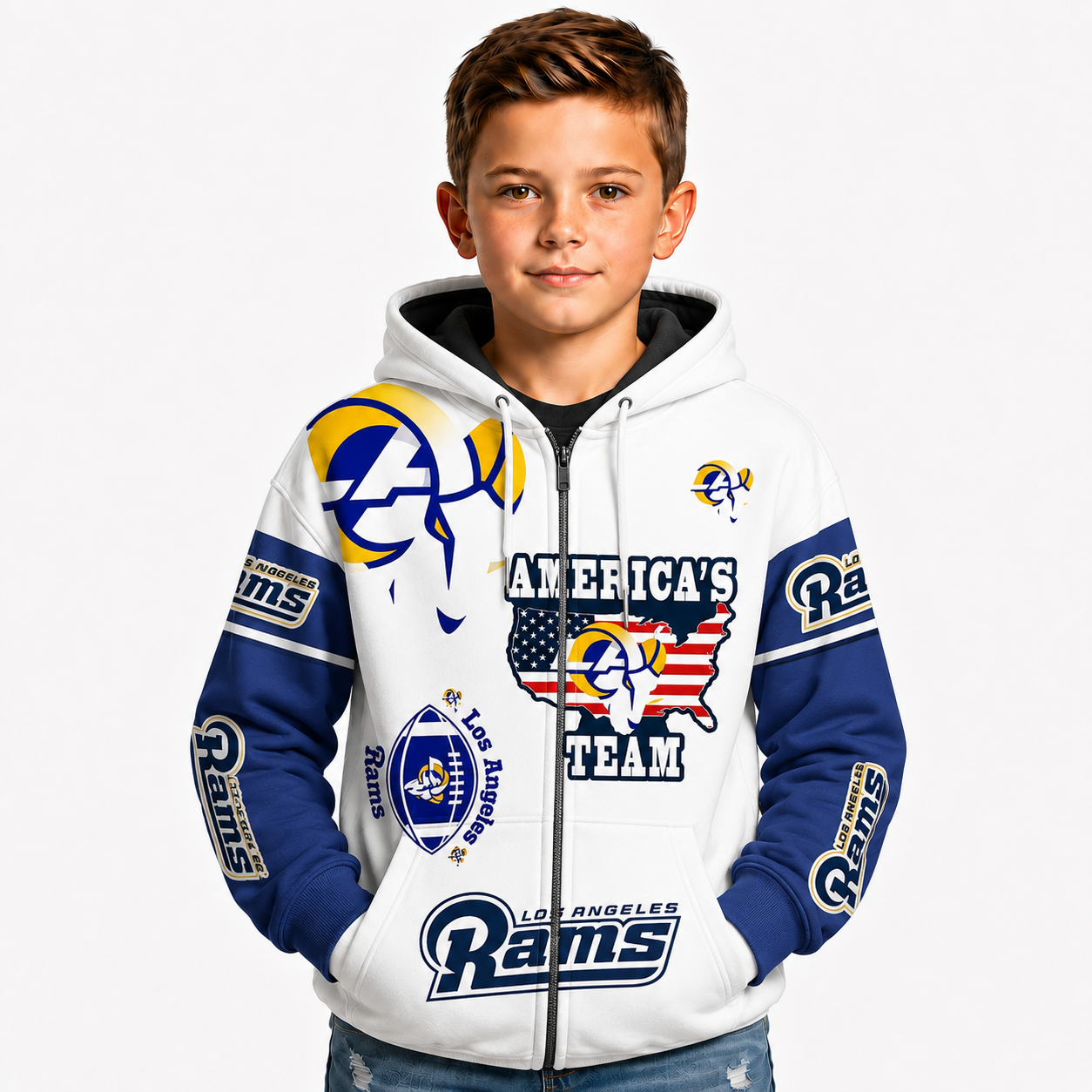 Los Angeles Rams Football Themed Zip Hoodie For Kids