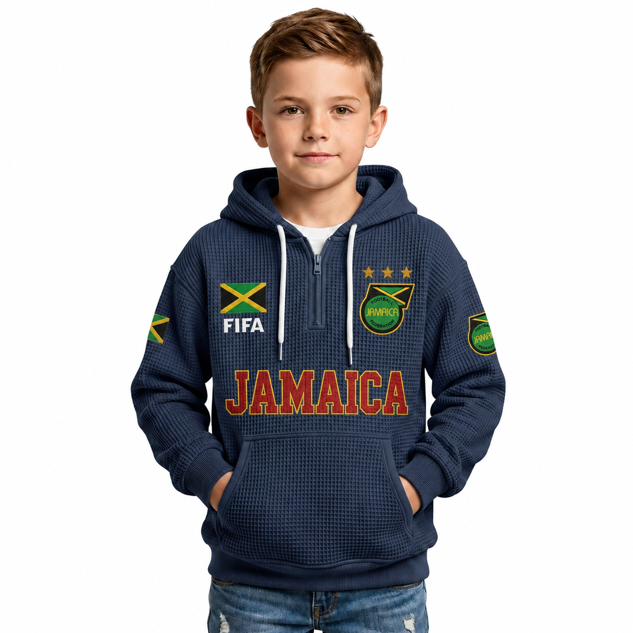 FIFA 2026 Jamaica Printed Waffle Quarter Zip Football Fan Hoodie For Kids