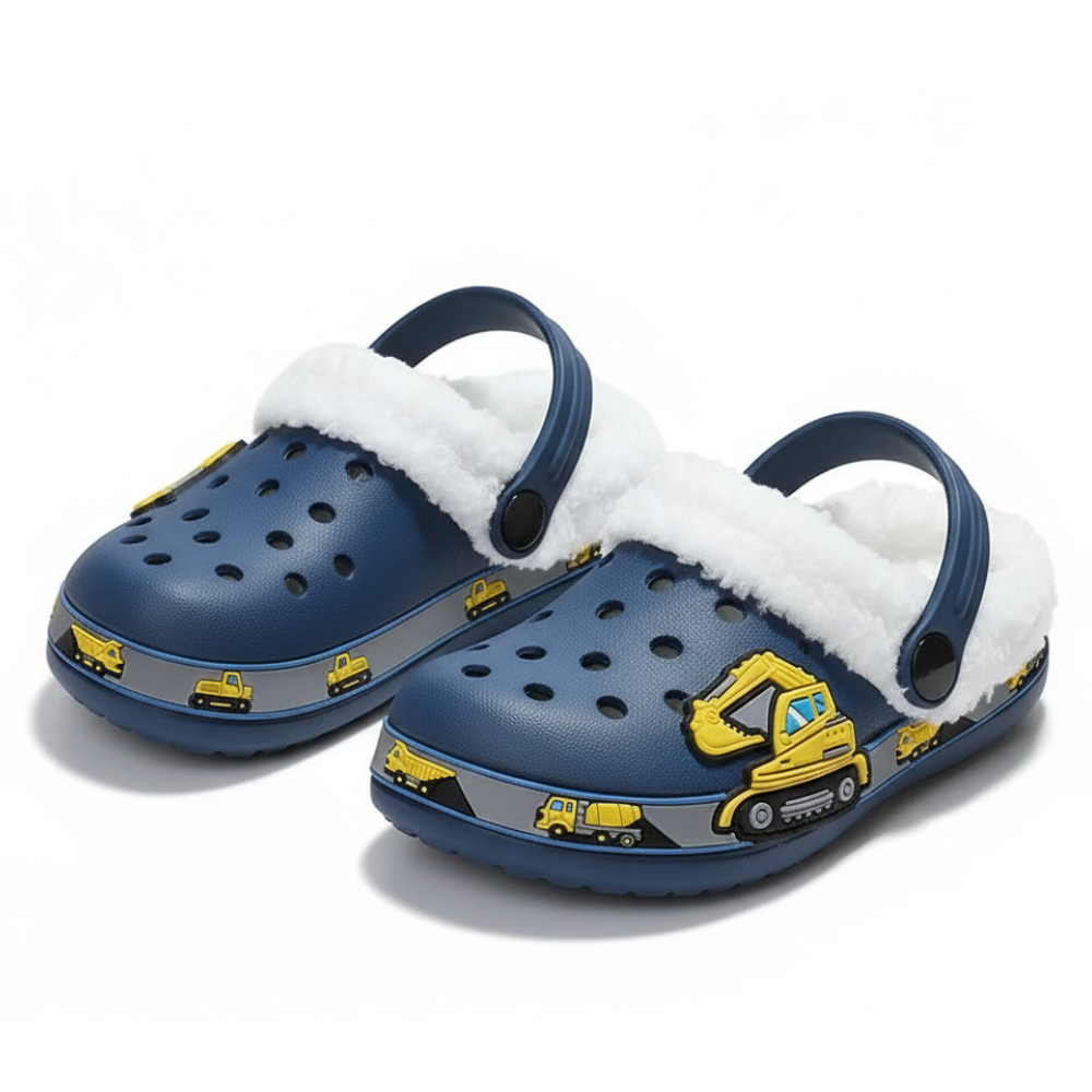 Fleece Lined Cartoon Construction Vehicle Design Clogs For Kids