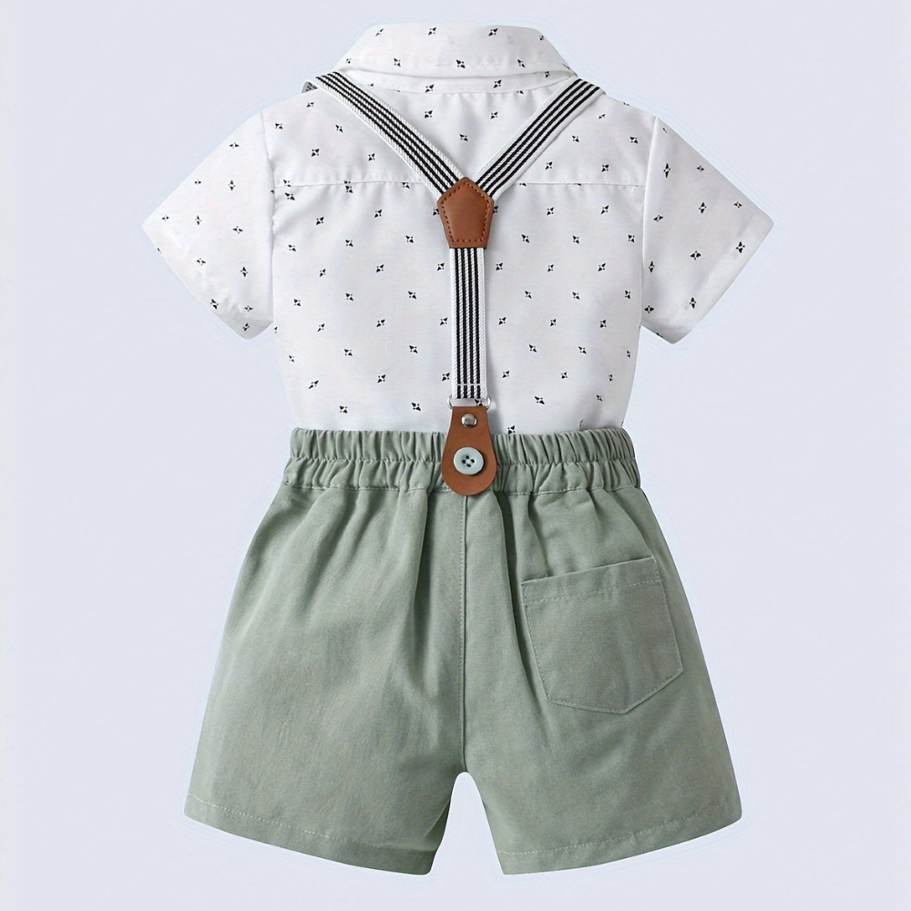Short Sleeve Shirt With Bow Tie And Suspenders Shorts Set For Baby Boys
