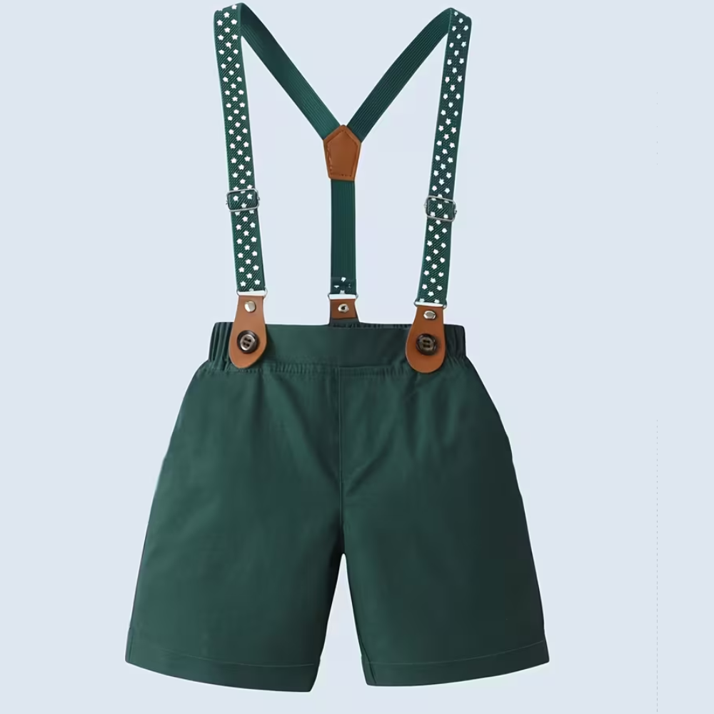 Formal Outfit Set With Short Sleeve Shirt Bowtie And Suspender Shorts