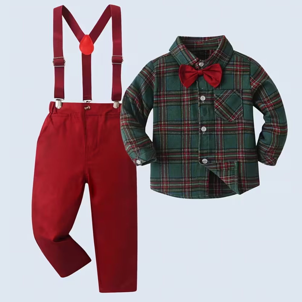 Plaid Shirt With Bow Tie And Suspender Pants 2 Piece Set For Baby Boys
