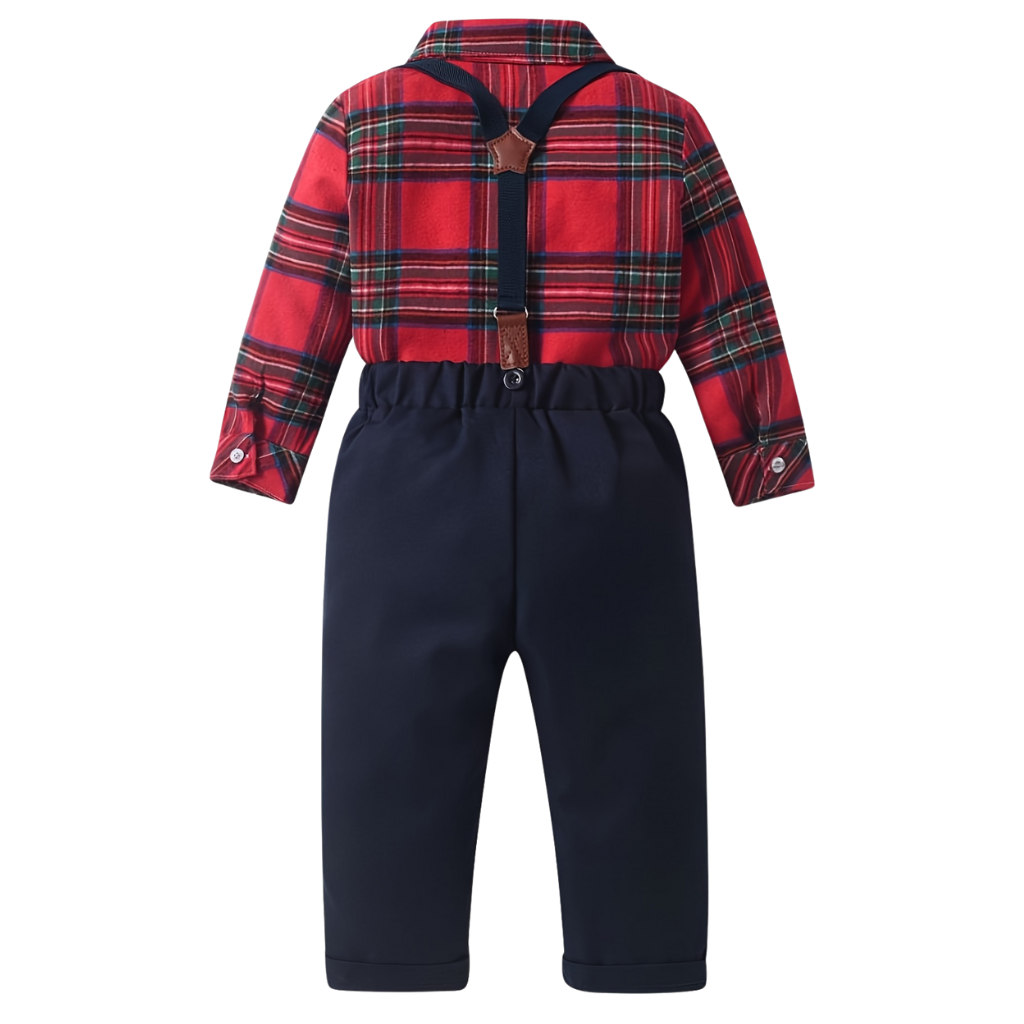 Plaid Shirt Overall Set With Bow
