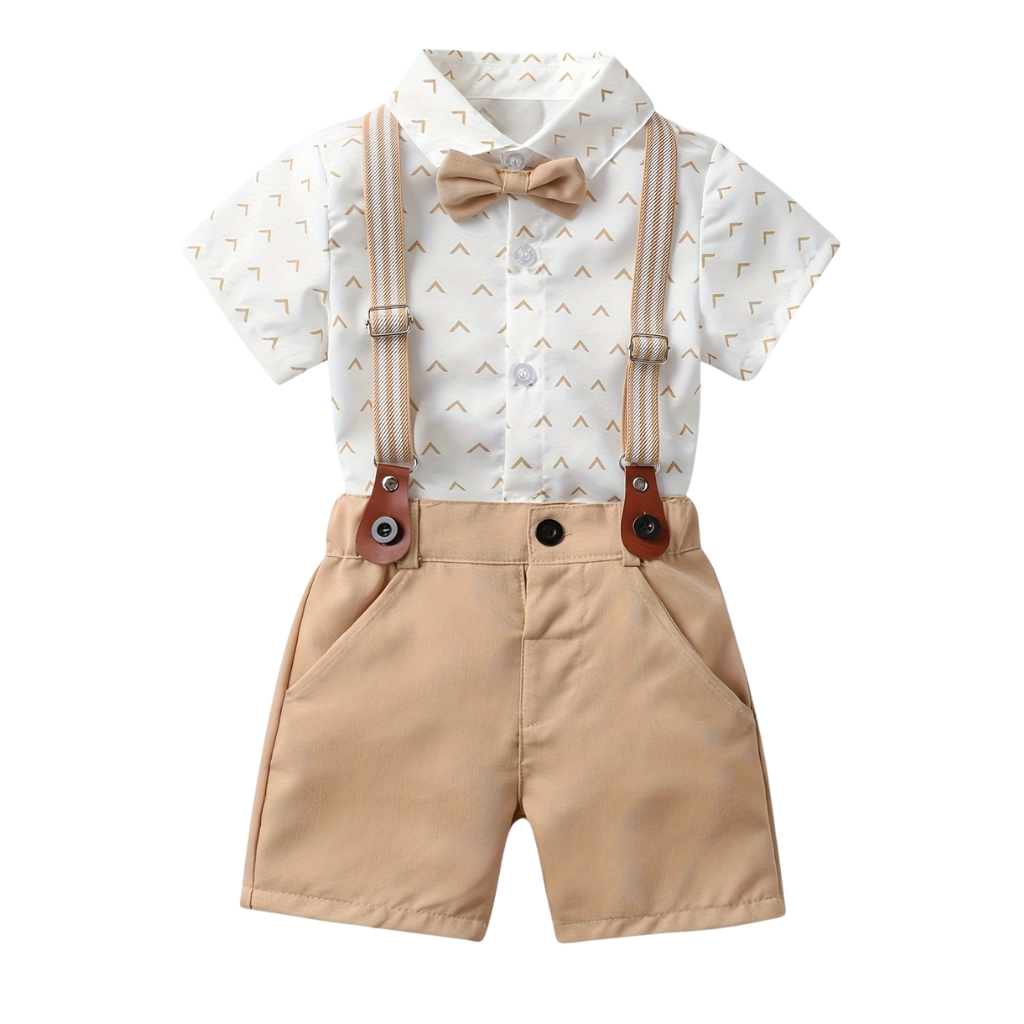2 Piece Short Sleeved Collared Shirt With Bow Tie Set