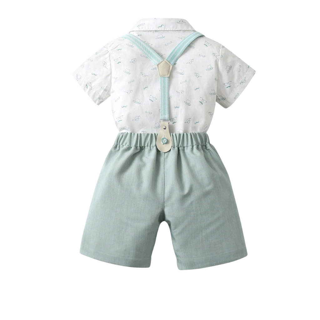 Two Piece Suit Set With Short Sleeve Shirt Bow Tie And Suspender Shorts For Boys