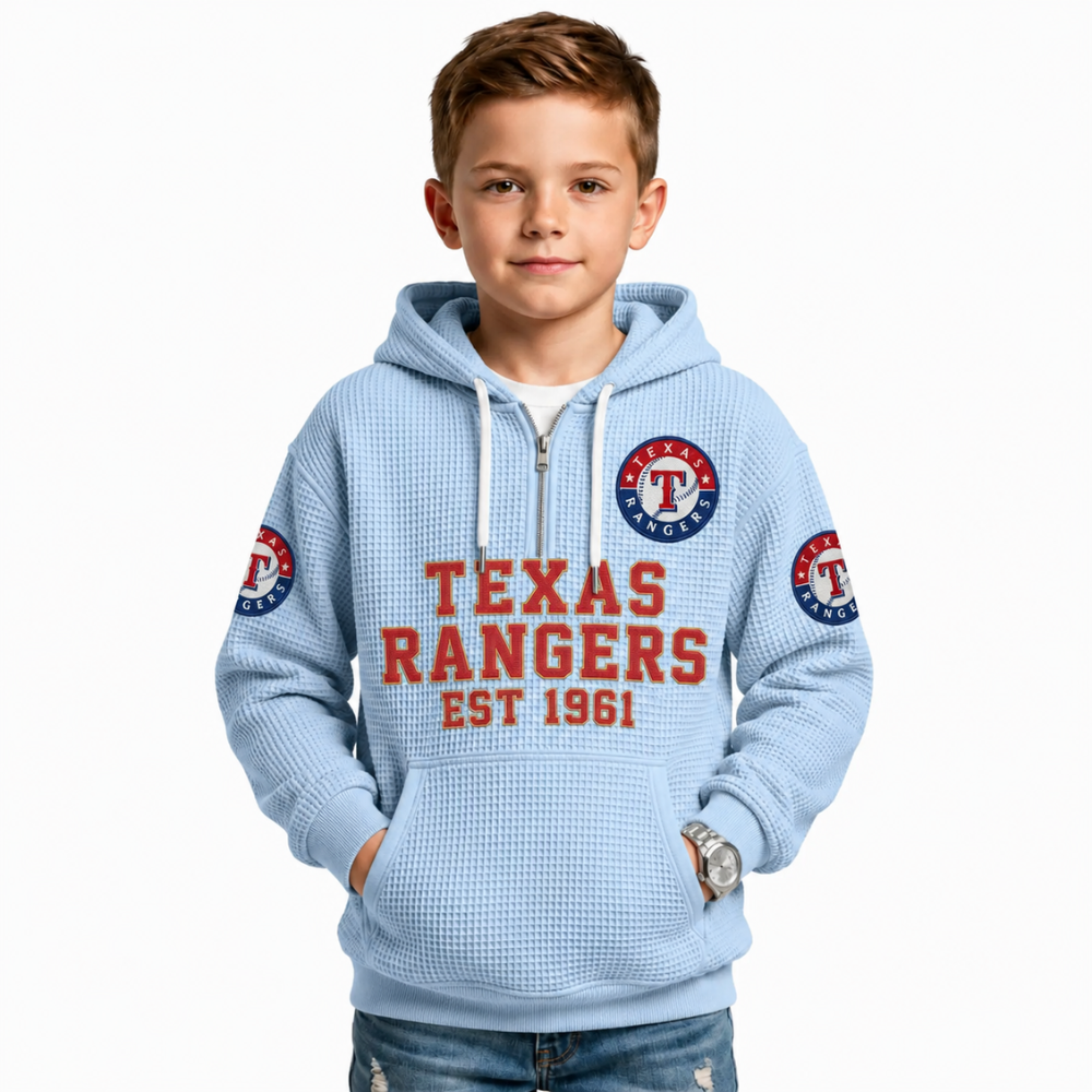 Texas Rangers EST 1961 Printed Waffle Quarter Zip Baseball Fan Hoodie For Kids