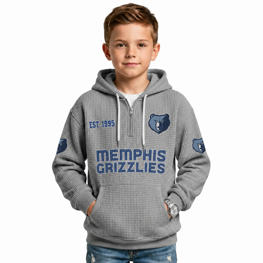 Memphis Grizzlies EST 1995 Printed Waffle Quarter Zip Basketball Fan Hoodie For Kids