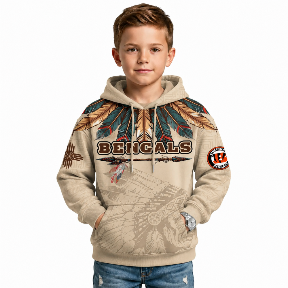 Native Heritage Inspired Cincinnati Bengals Football Fan Printed Pullover Hoodie For Kids