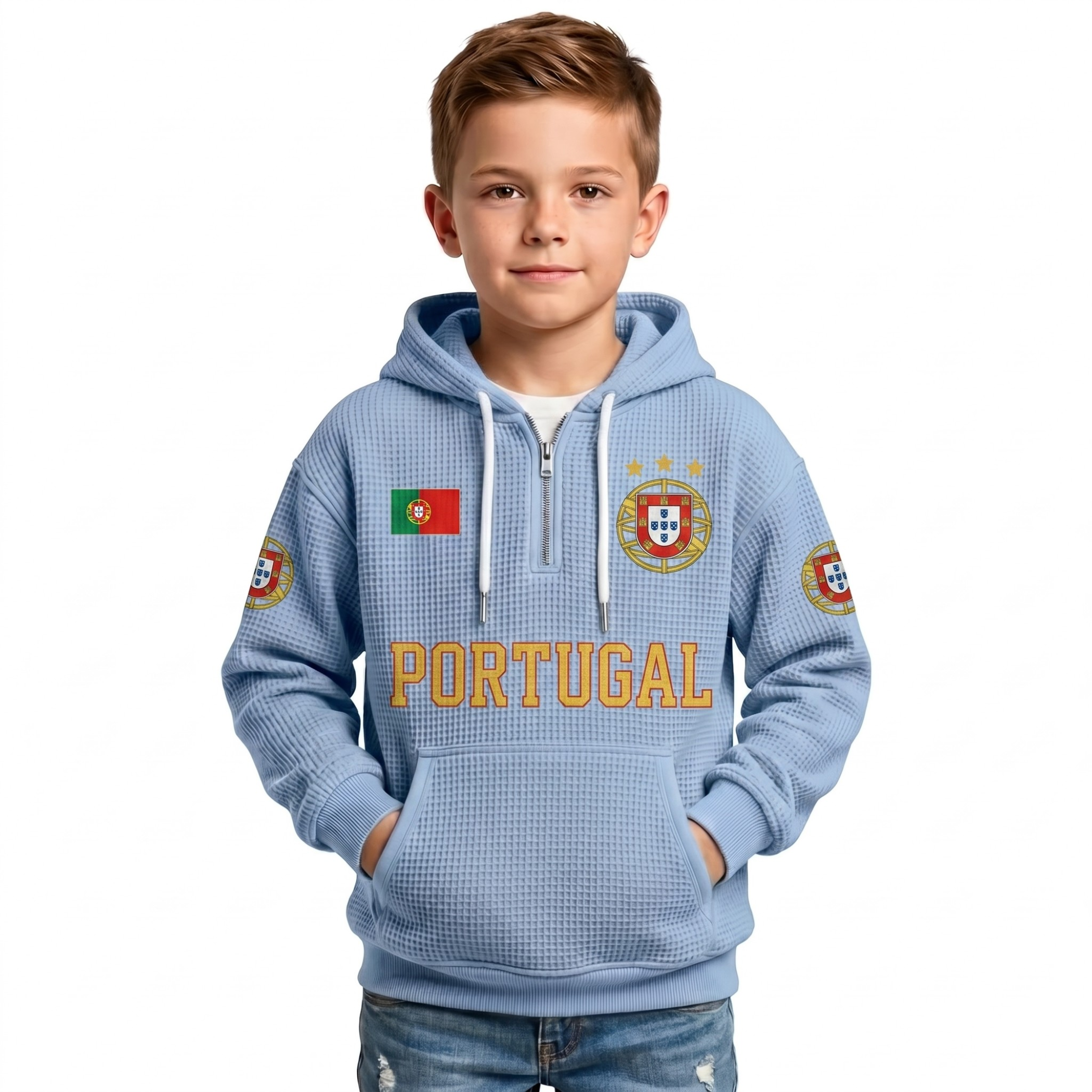 Portugal Printed Waffle Quarter Zip Football Fan Hoodie For Kids