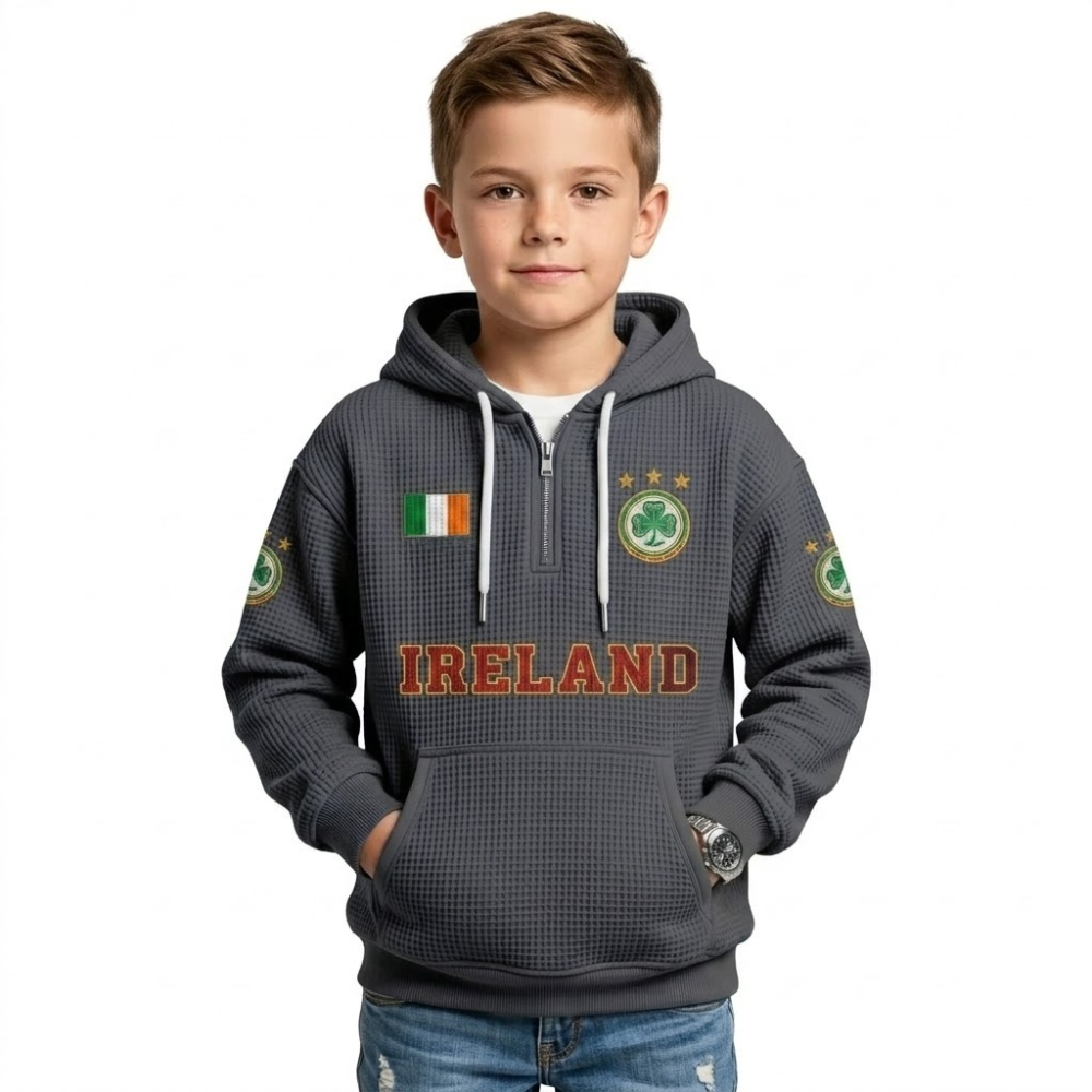Ireland Printed Waffle Quarter Zip Football Fan Hoodie For Kids