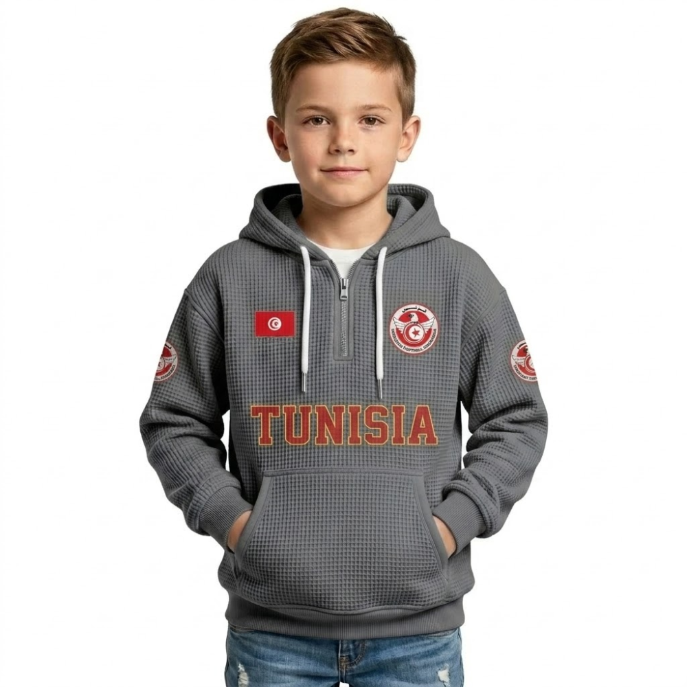 Tunisia Printed Waffle Quarter Zip Football Fan Hoodie For Kids