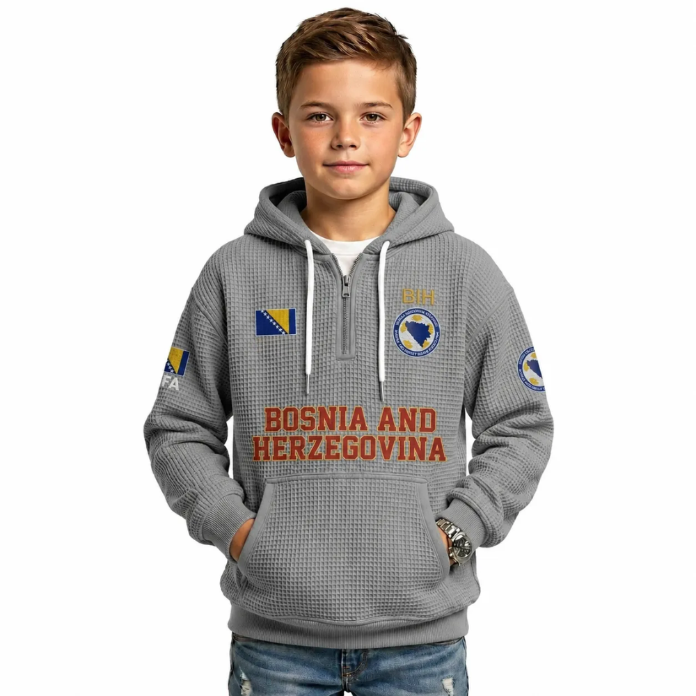 Bosnia And Herzegovina Printed Waffle Quarter Zip Football Fan Hoodie For Kids