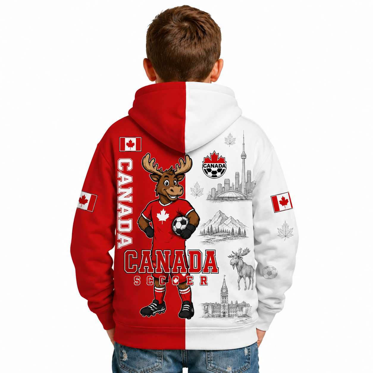 Canada Football Themed All Over Printed Hoodie For Kids
