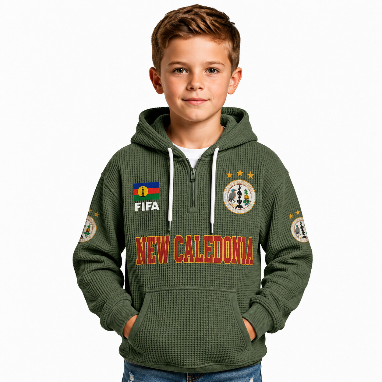 FIFA 2026 Caledonia Printed Waffle Quarter Zip Football Fan Hoodie For Kids