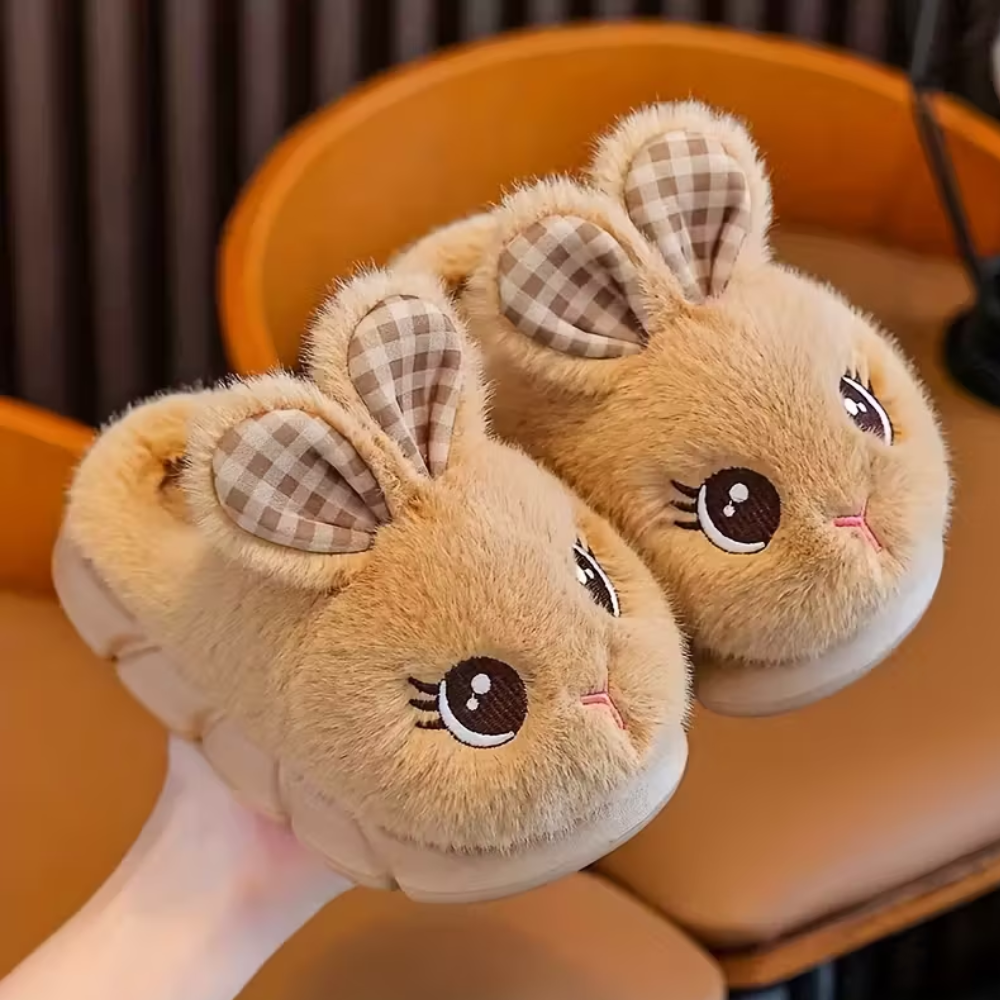 Plush Bunny Slip On Slippers With Warm Lining And PVC Sole For Kids