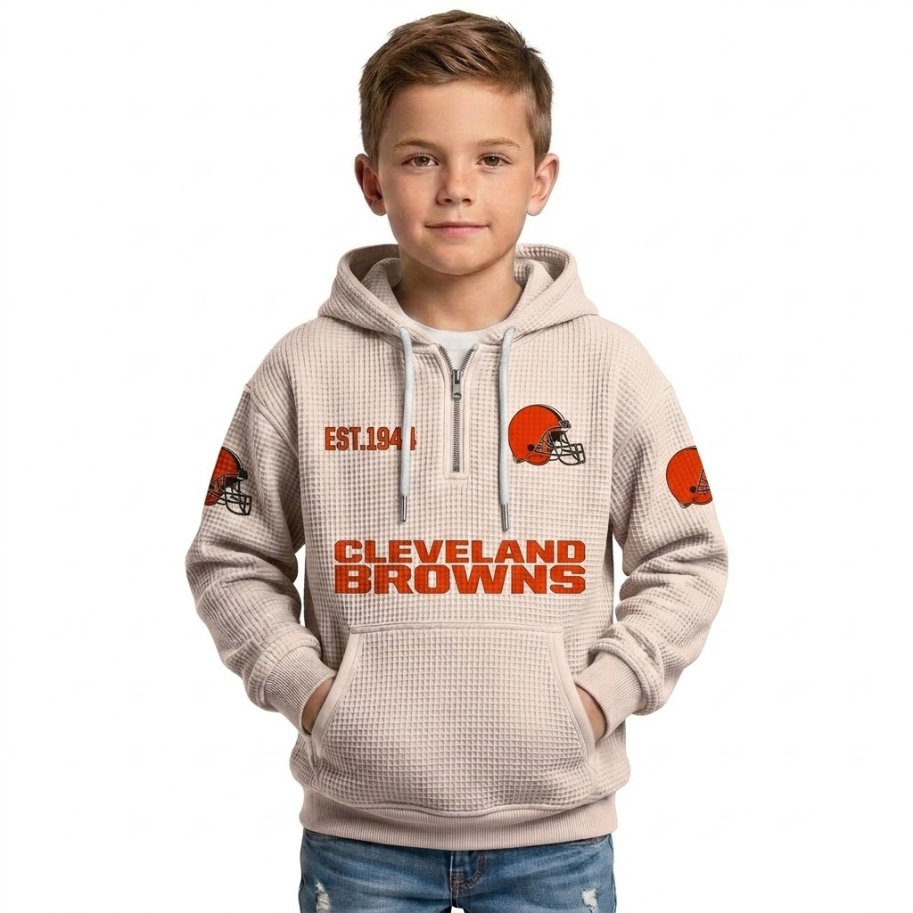 Waffle Quarter Zip Hoodie With Vintage Sports Design For Kids