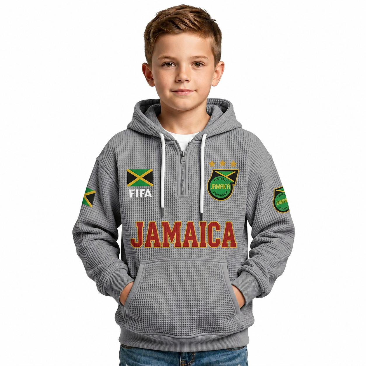 FIFA 2026 Jamaica Printed Waffle Quarter Zip Football Fan Hoodie For Kids